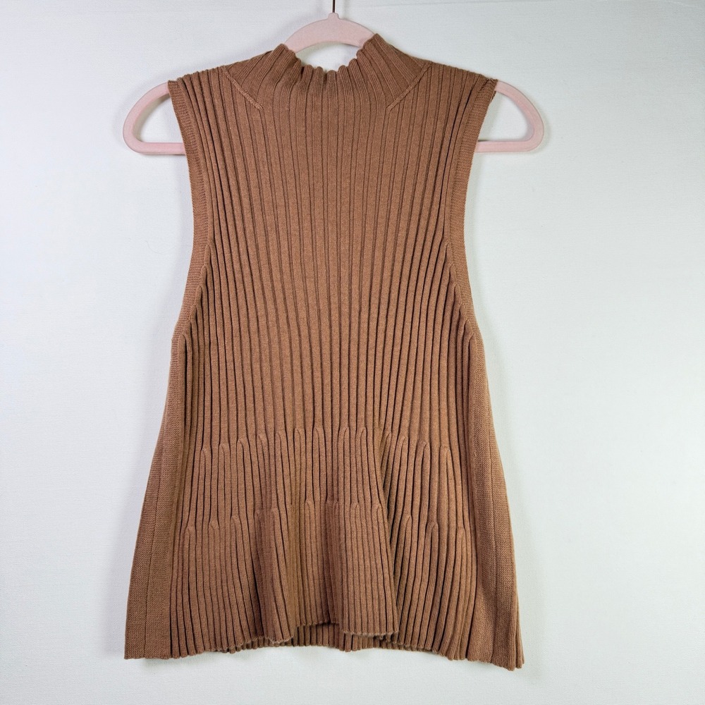 MOTH Brown Ribbed Mock Neck Sleeveless Wool Blend Sweater L